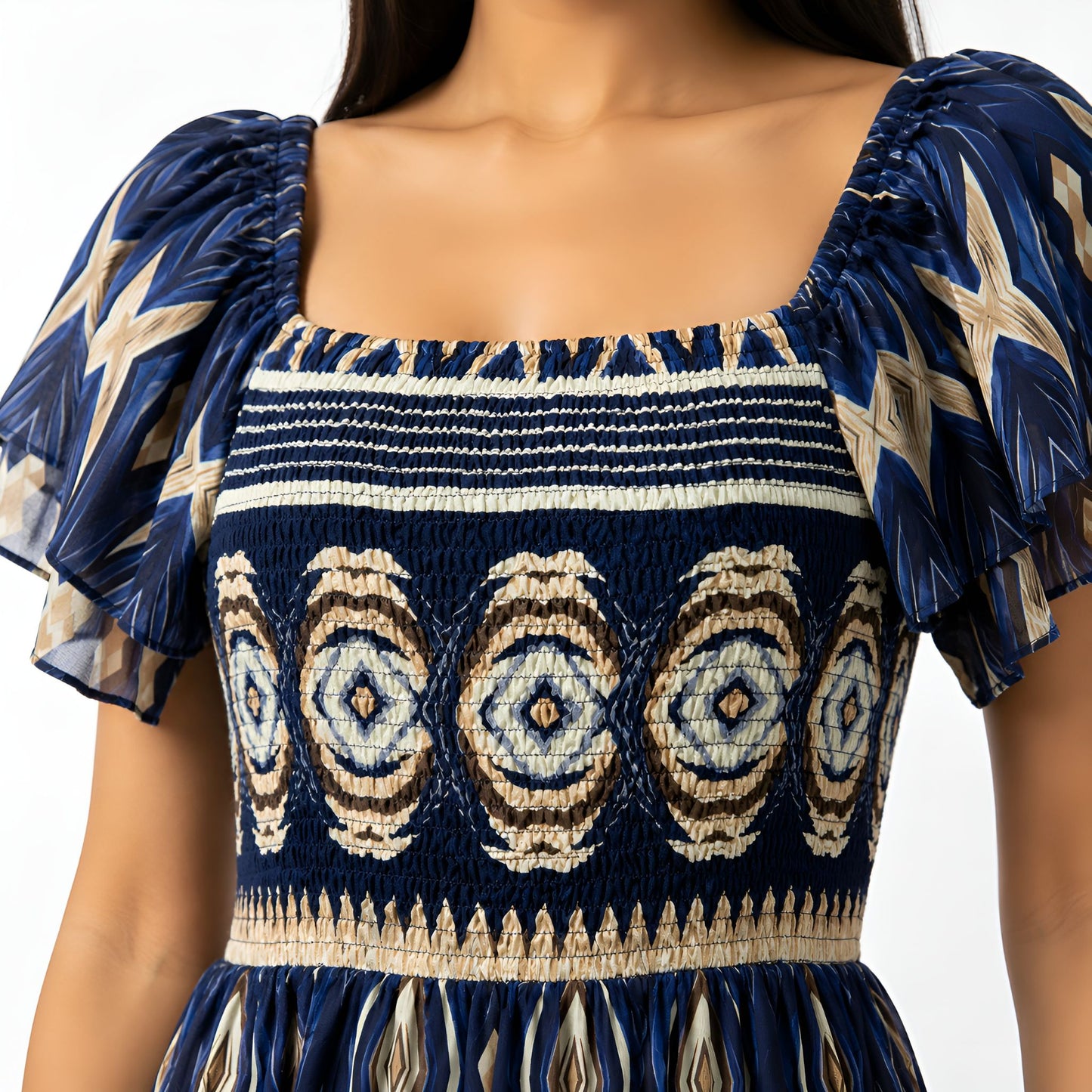 Blue Ikat Print Smocked Maxi Dress