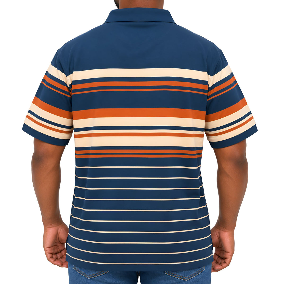Men’s Striped Cotton Blend Golfer – Navy, Orange & Cream