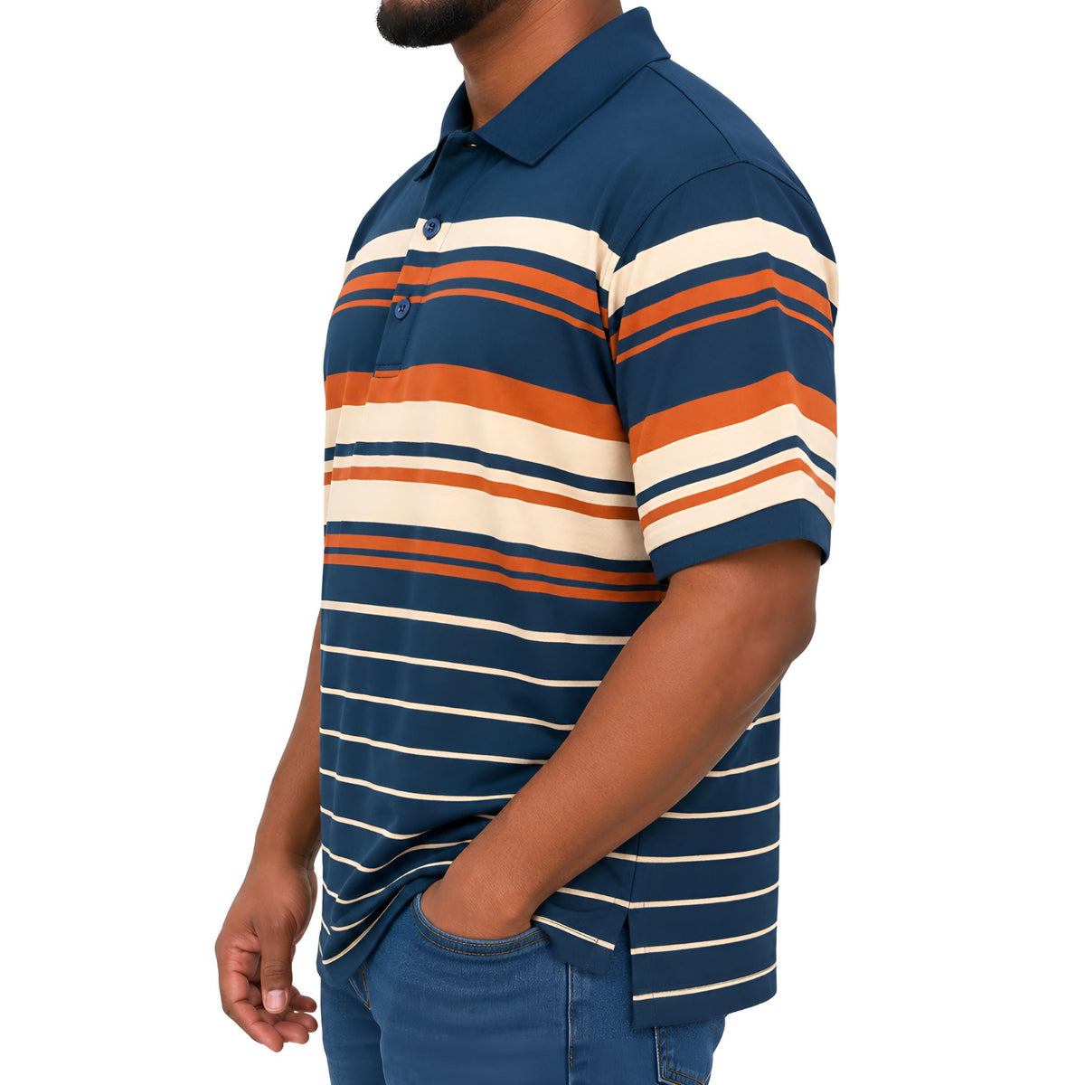 Men’s Striped Cotton Blend Golfer – Navy, Orange & Cream