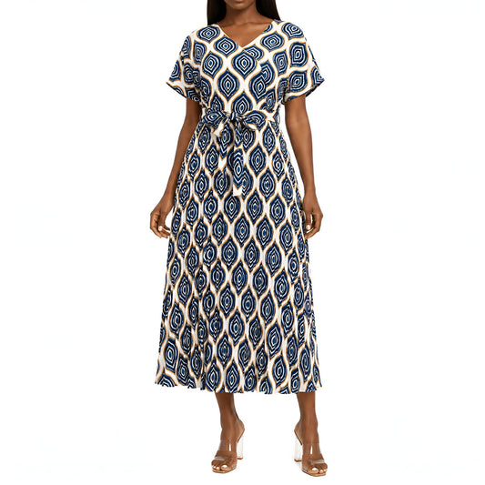 Blue Geometric Pleated Dress