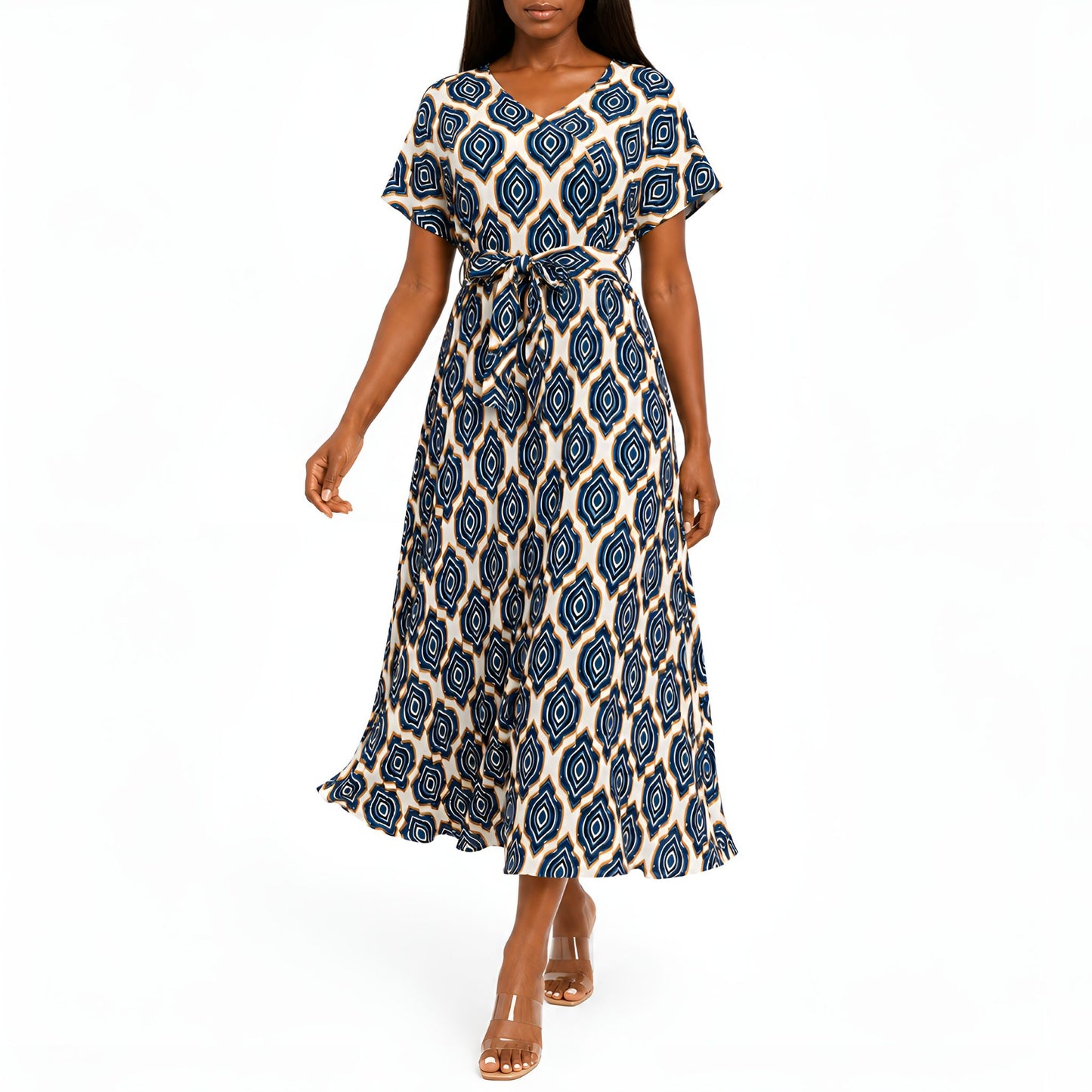 Blue Geometric Pleated Dress