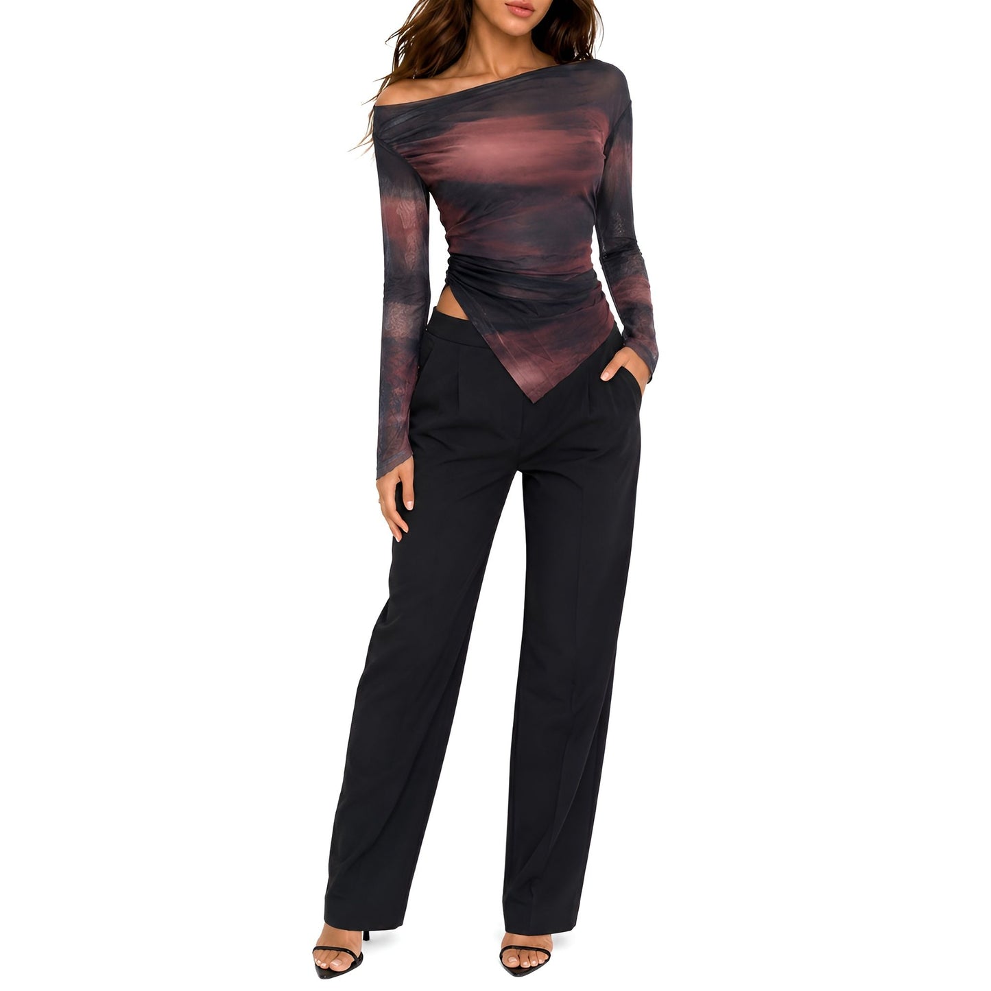 Long Sleeve Mesh Top - Brown