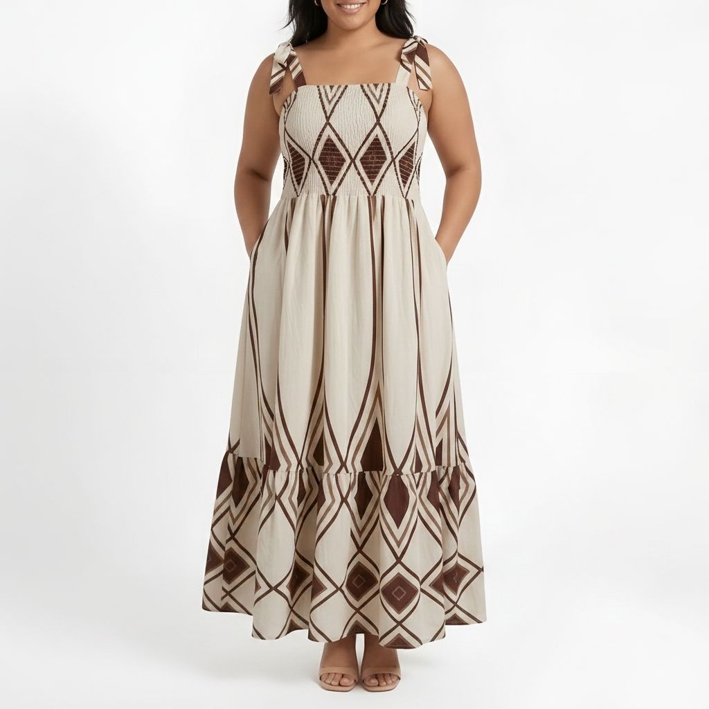 Bohemian Smocked Maxi Dress - Cream/Cocoa