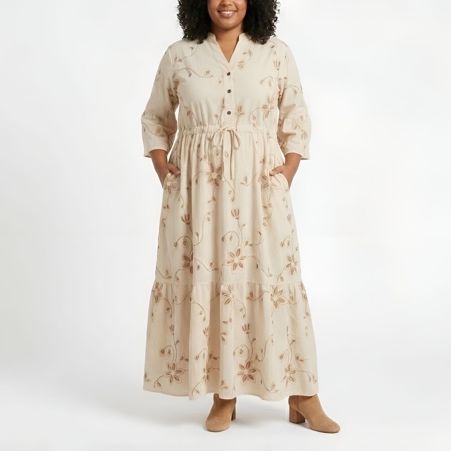 Sand Floral Drawstring Maxi Dress