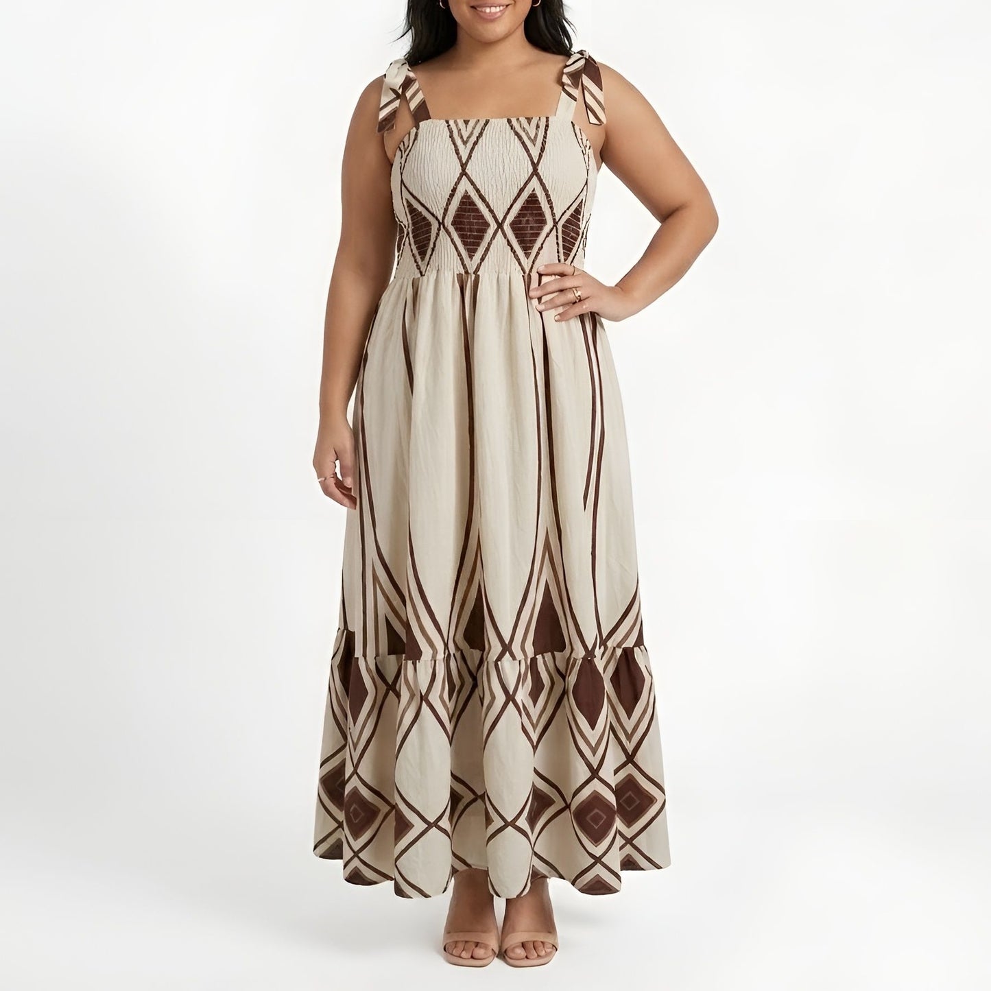 Bohemian Smocked Maxi Dress - Cream/Cocoa