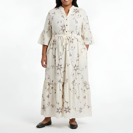 Floral Drawstring Maxi Dress - Cream