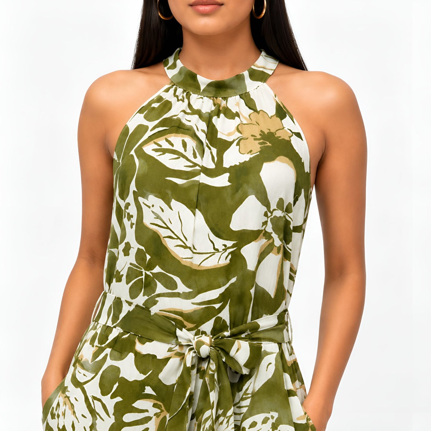 Olive Floral Halter Neck Maxi Dress