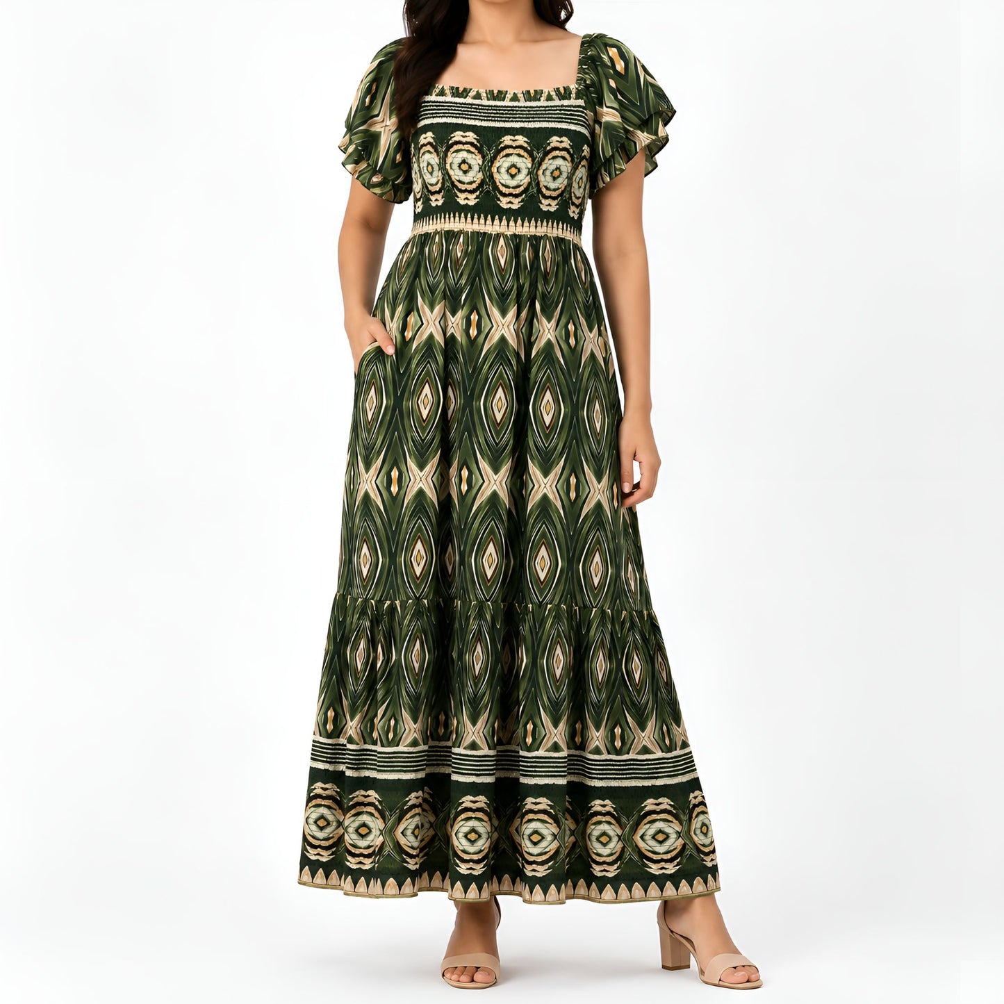 Green Ikat Print Smocked Maxi Dress