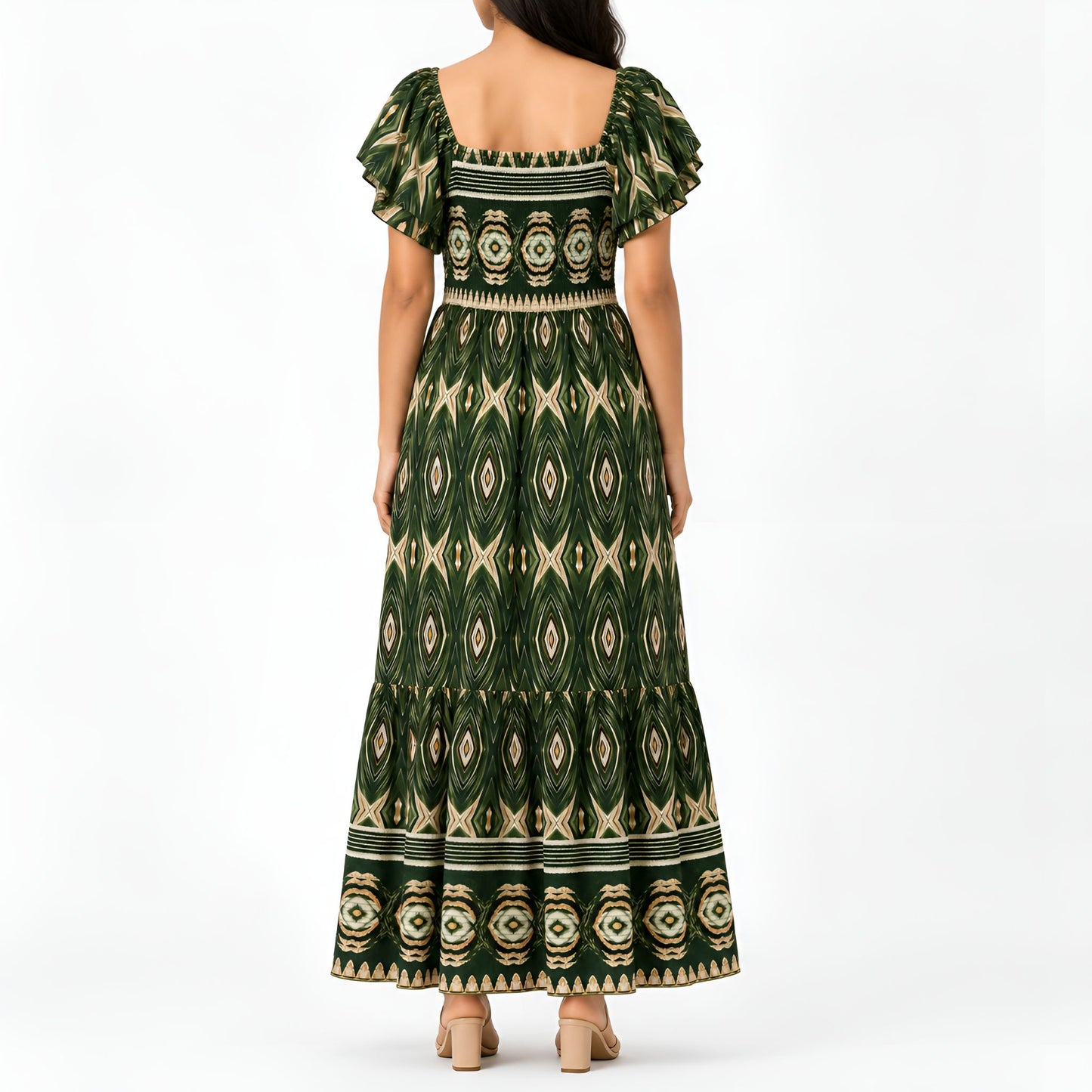 Green Ikat Print Smocked Maxi Dress