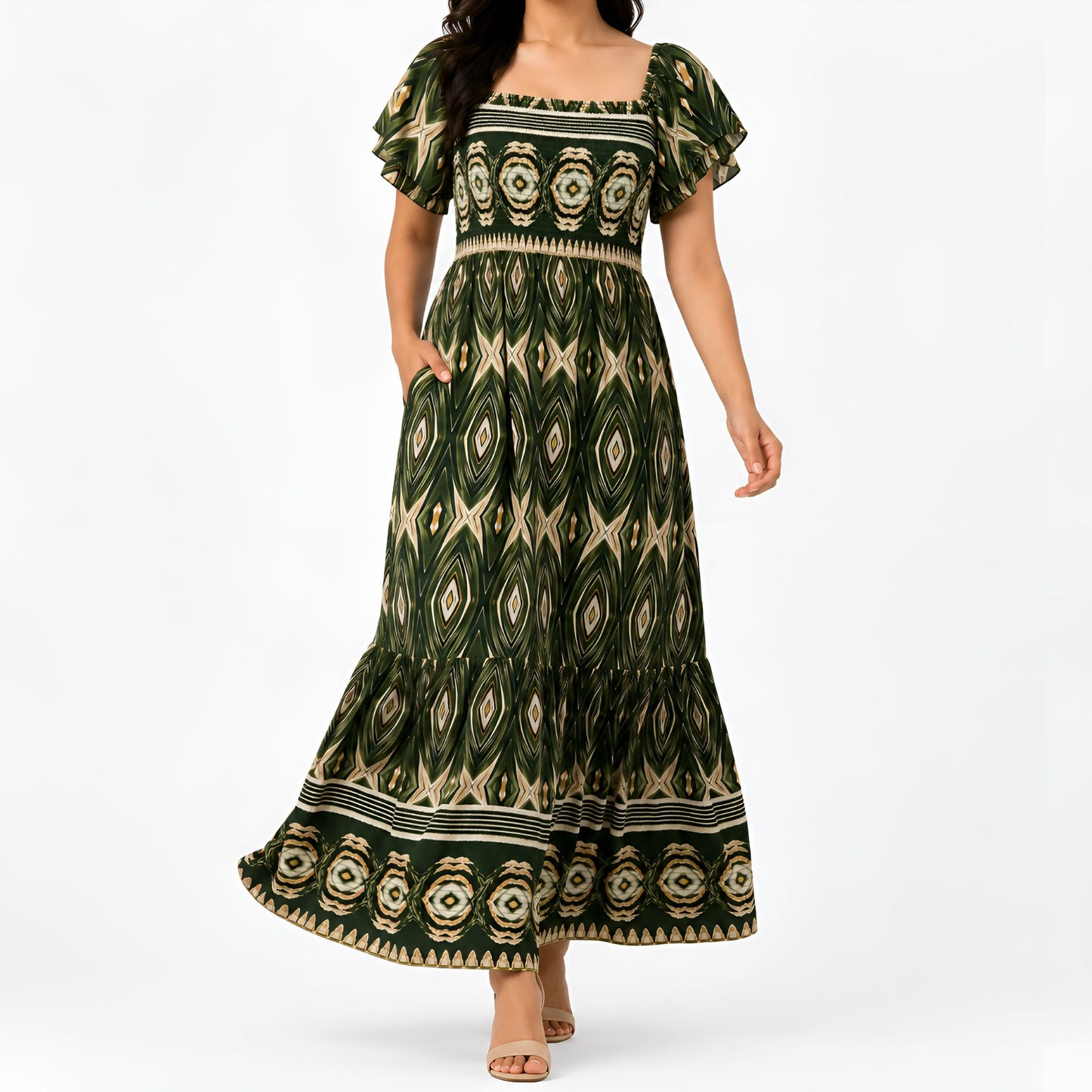 Green Ikat Print Smocked Maxi Dress