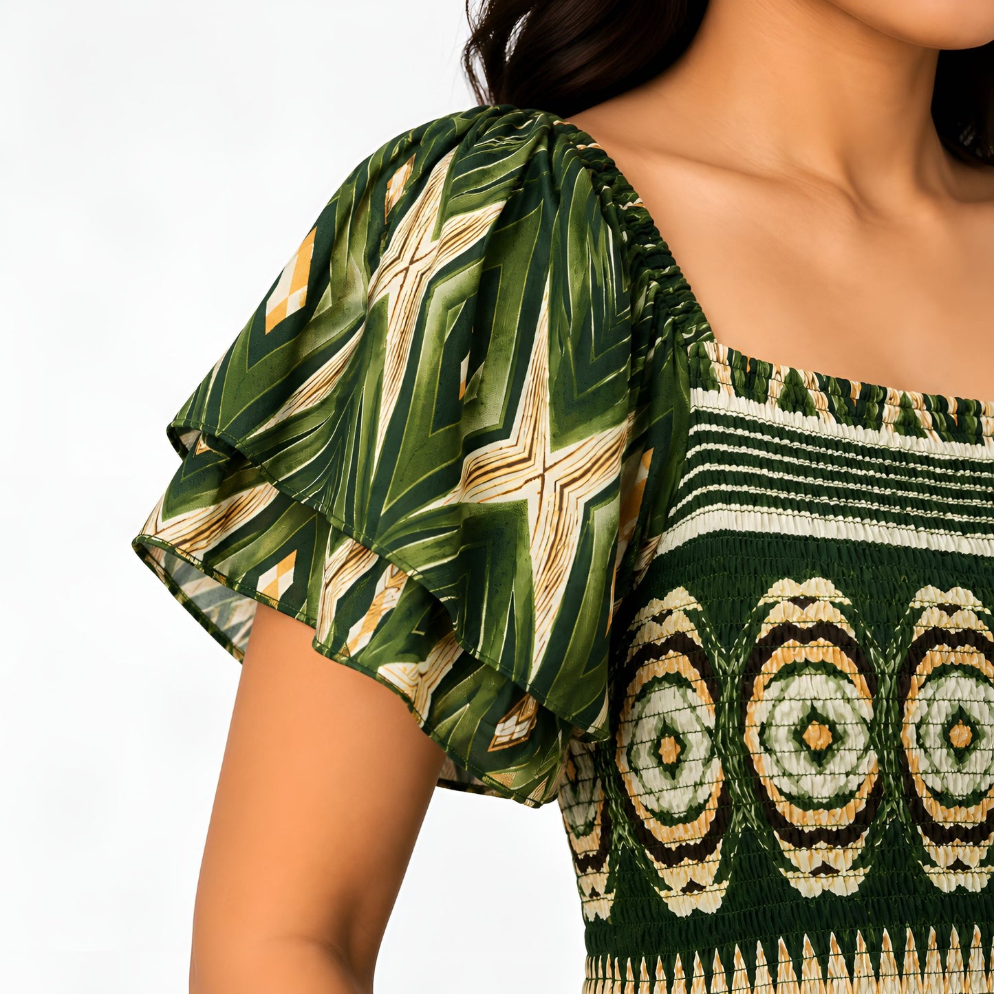 Green Ikat Print Smocked Maxi Dress