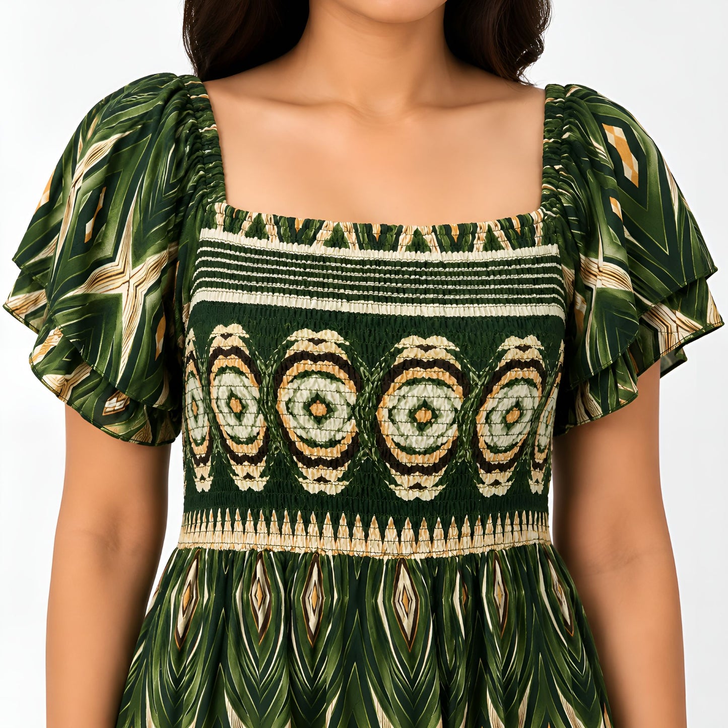 Green Ikat Print Smocked Maxi Dress