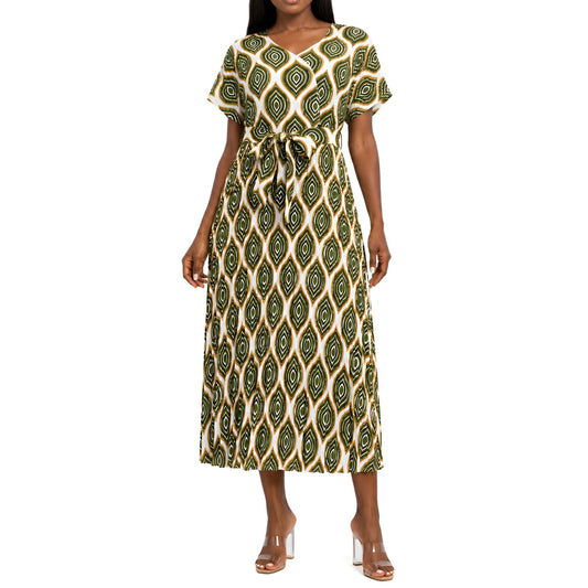 Green Geometric Pleated Dress