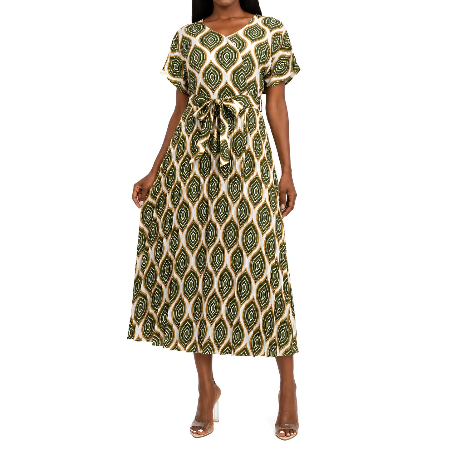 Green Geometric Pleated Dress