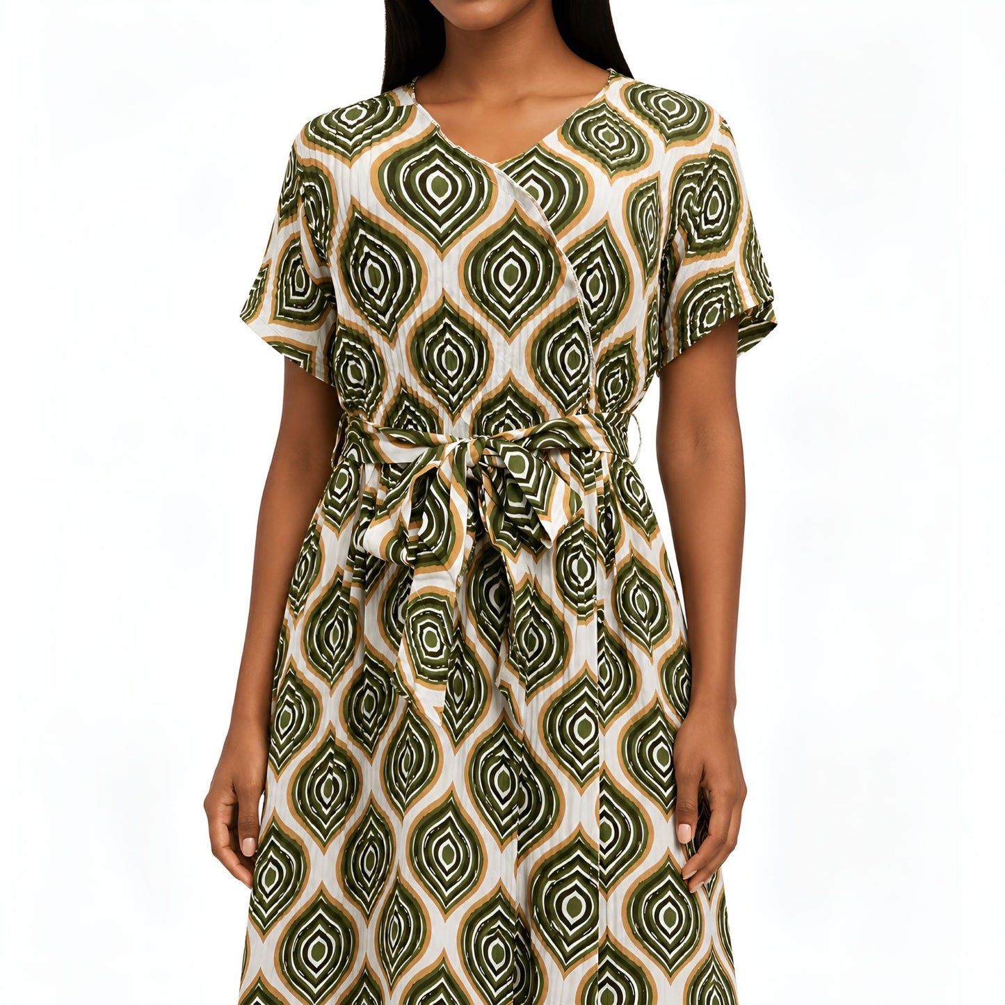 Green Geometric Pleated Dress