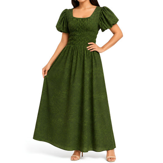Green Printed Shirred Maxi Dress