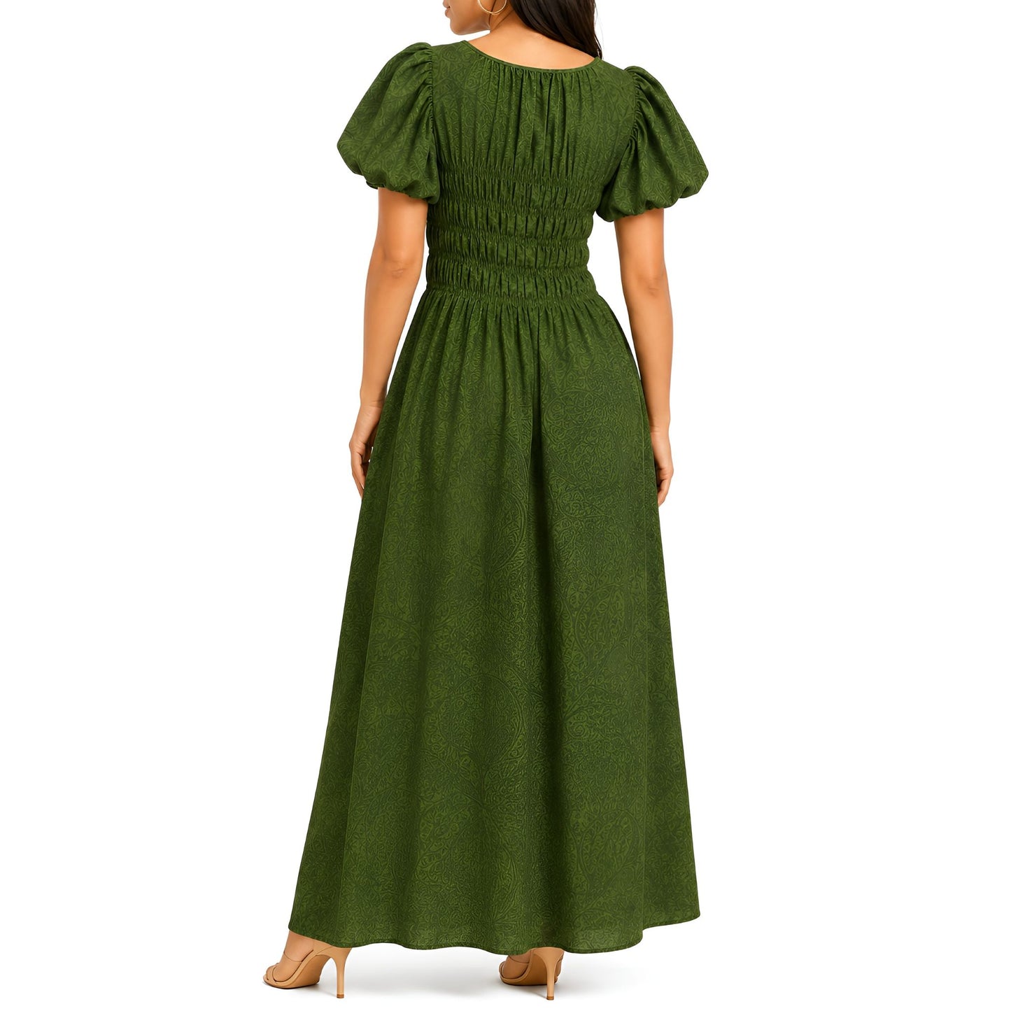 Green Printed Shirred Maxi Dress
