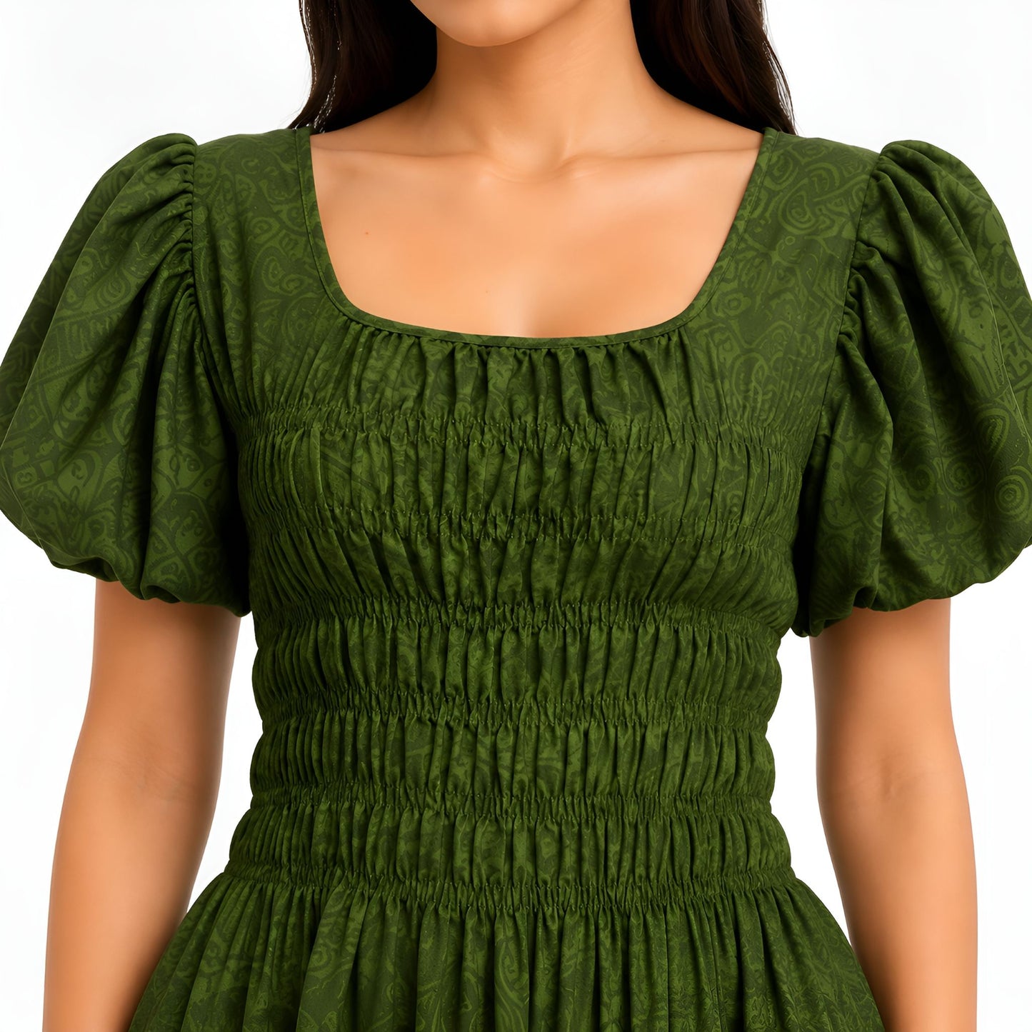 Green Printed Shirred Maxi Dress