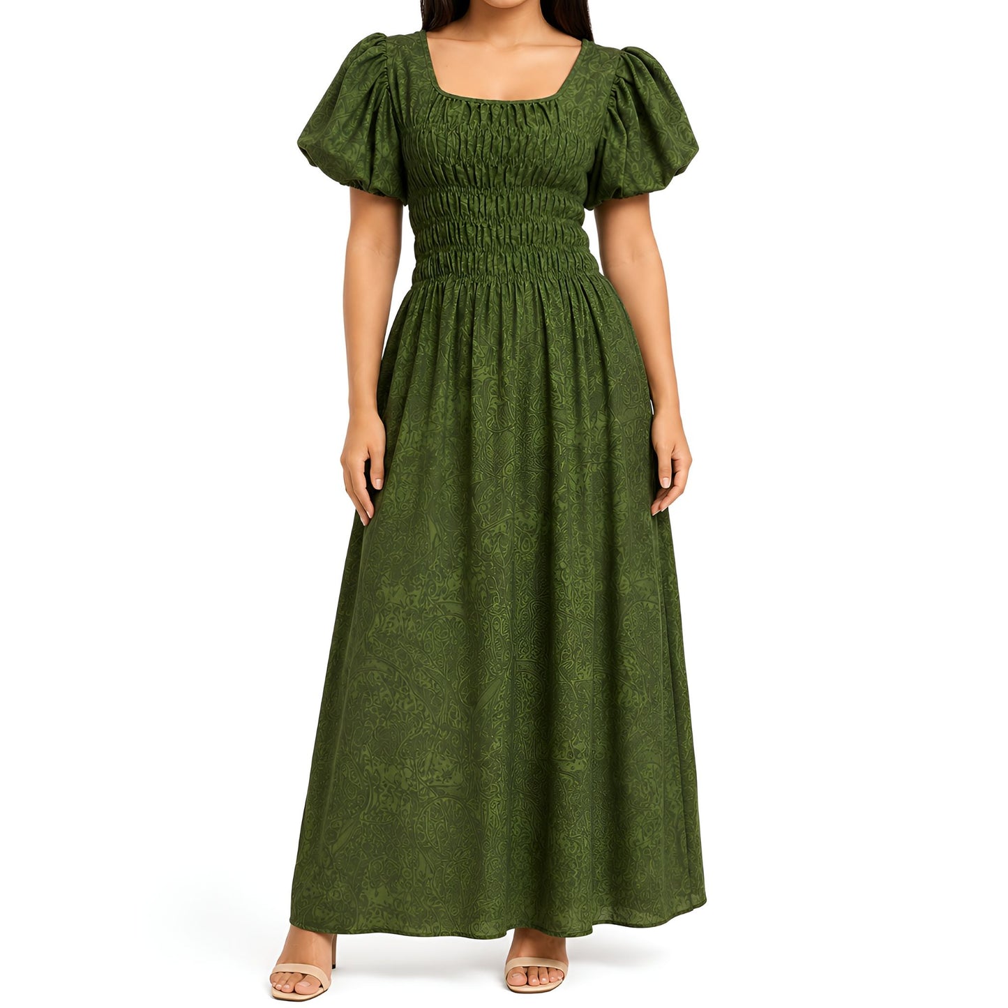 Green Printed Shirred Maxi Dress