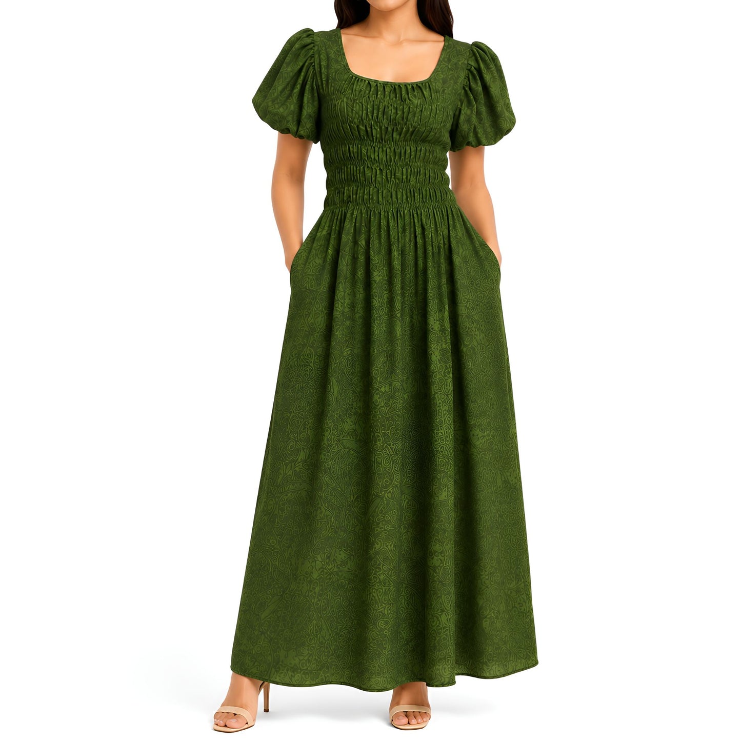 Green Printed Shirred Maxi Dress