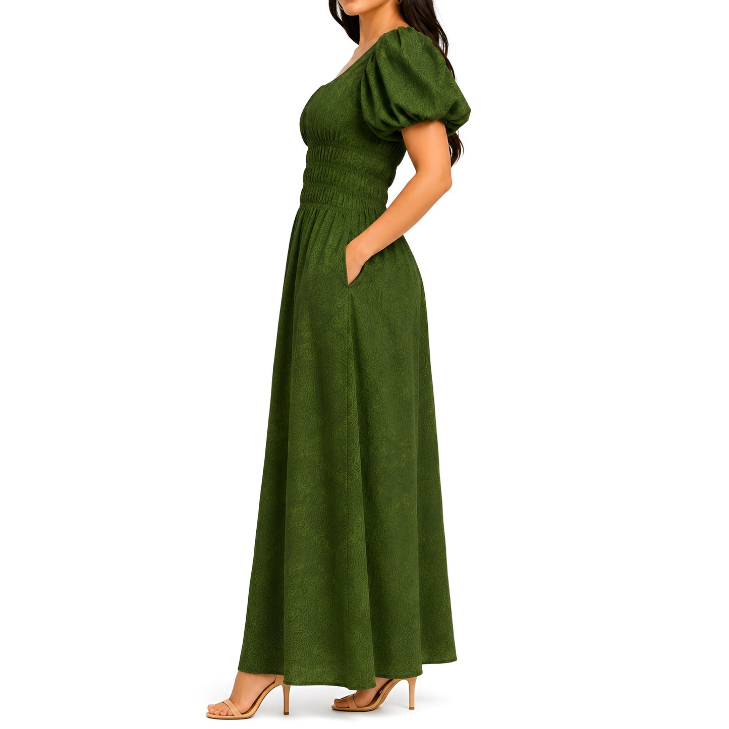 Green Printed Shirred Maxi Dress