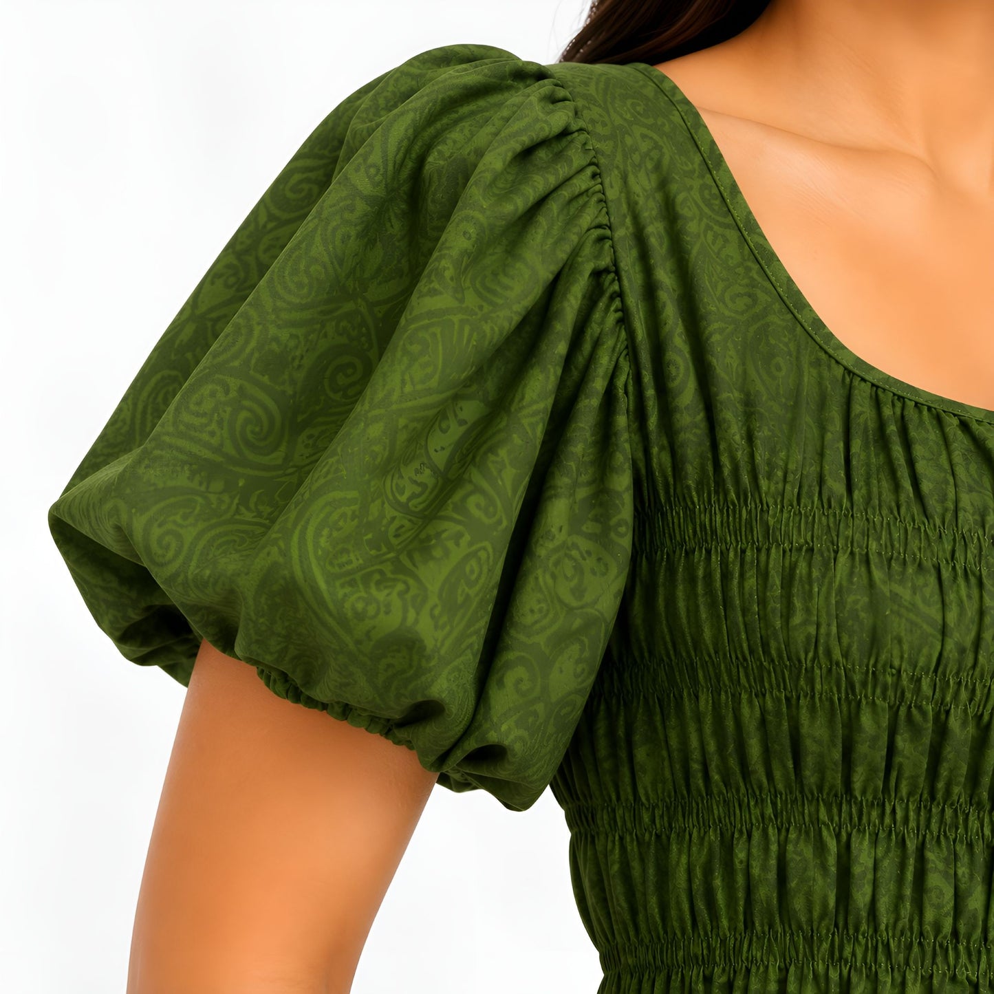 Green Printed Shirred Maxi Dress