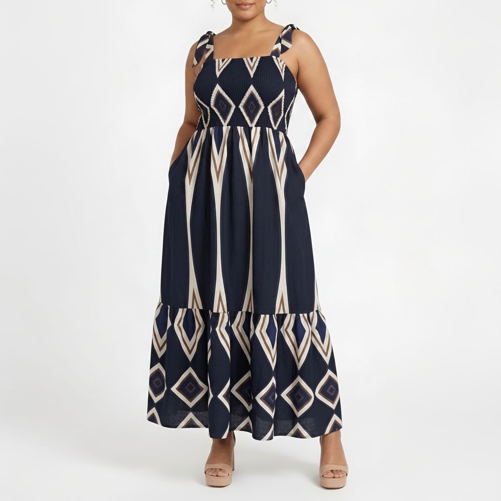 Bohemian Smocked Maxi Dress - Navy/Tan