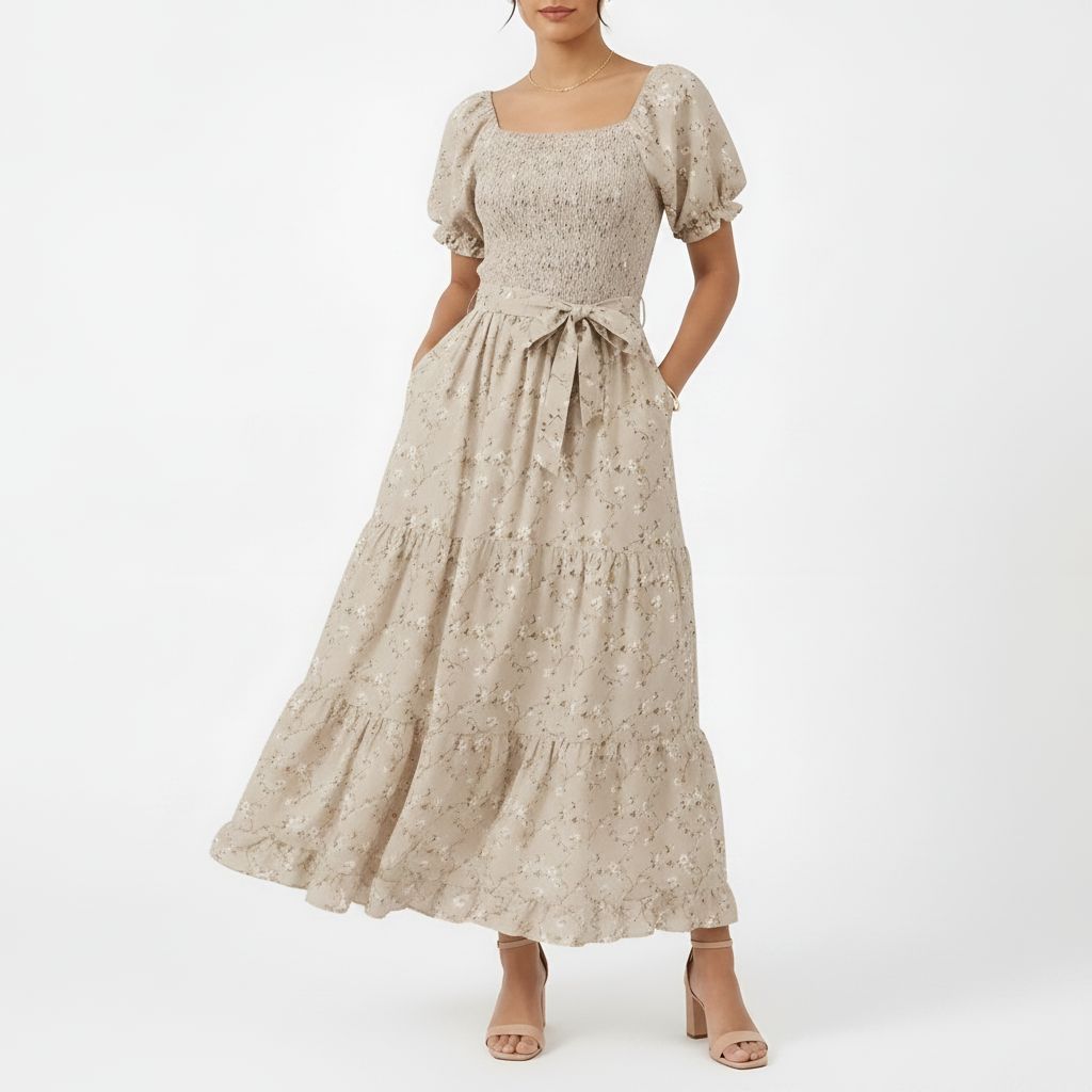 Sandstone Floral Smocked Tiered Maxi Dress