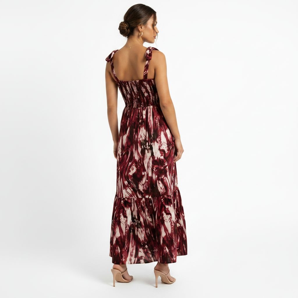 Maroon Abstract Print Maxi Dress