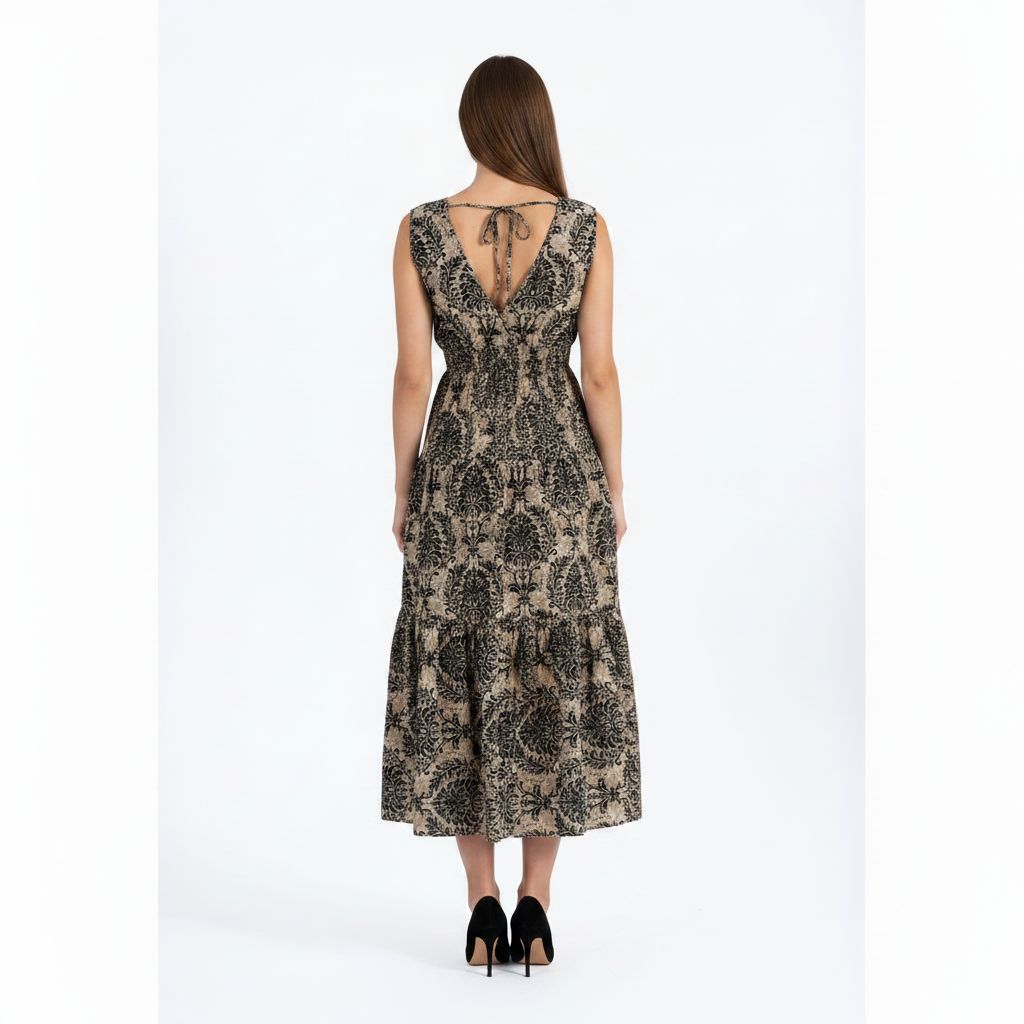 Printed Tiered Maxi Dress - Deep Charcoal