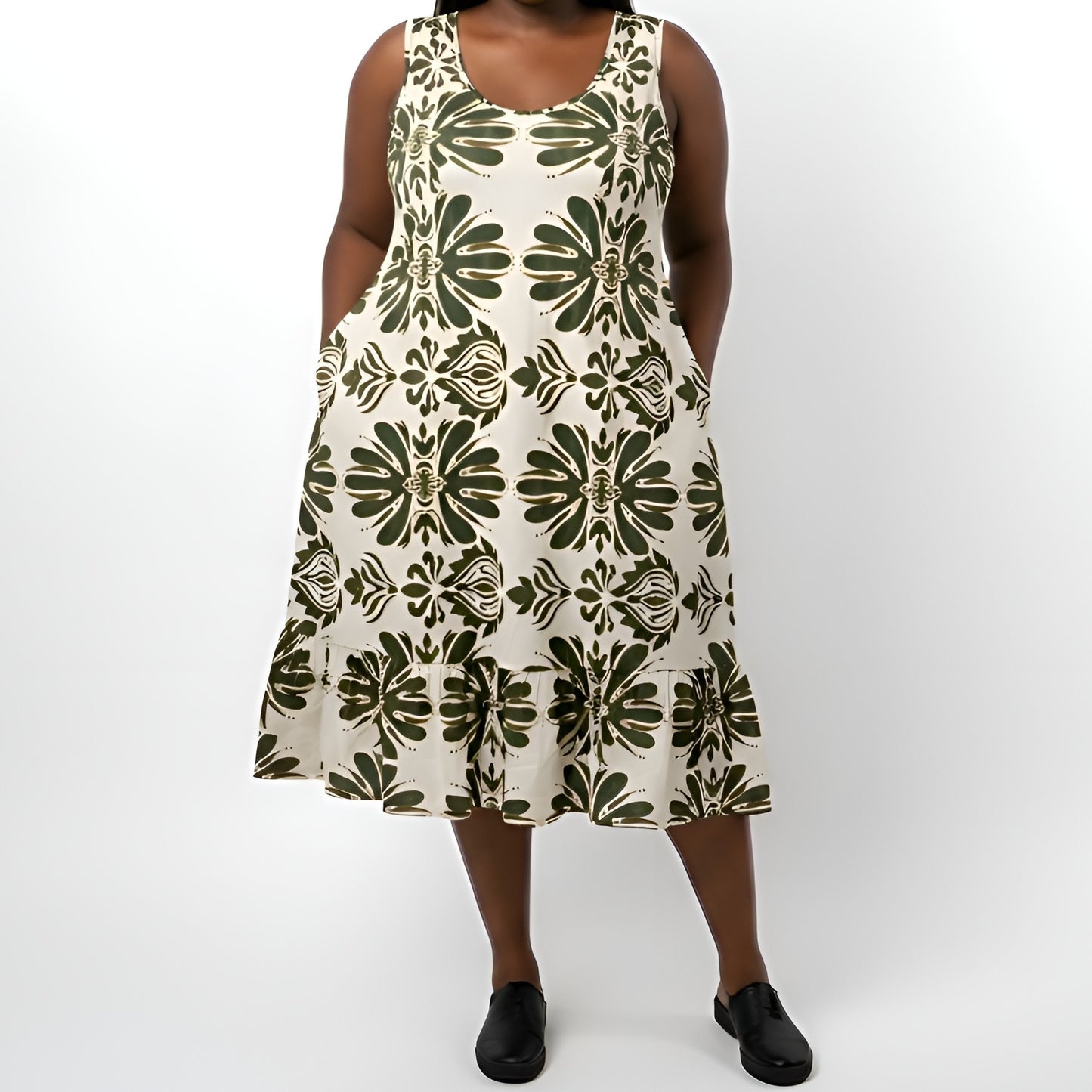 Bohemian Sleeveless Linen-Blend Green/Cream Midi Dress