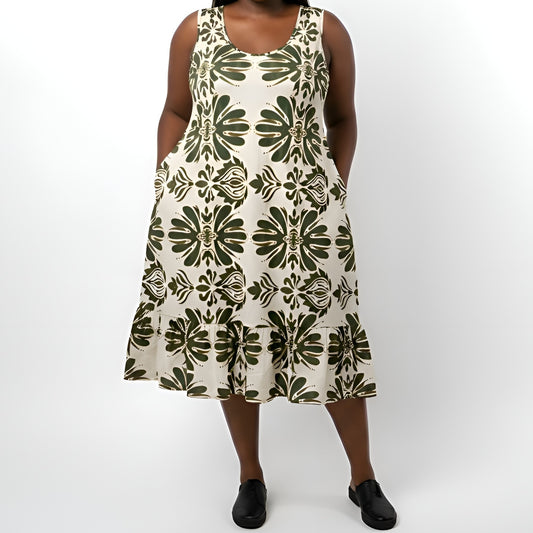 Bohemian Sleeveless Linen-Blend Green/Cream Midi Dress