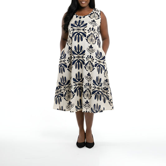 Bohemian Sleeveless Linen-Blend Navy/Cream Midi Dress