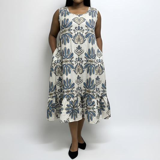 Bohemian Sleeveless Linen-Blend Blue/Cream Midi Dress