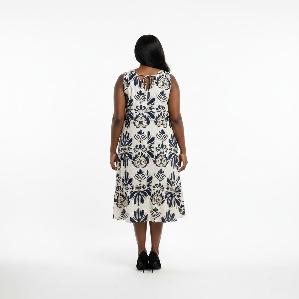 Bohemian Linen-Blend Midi Dress Navy/Cream