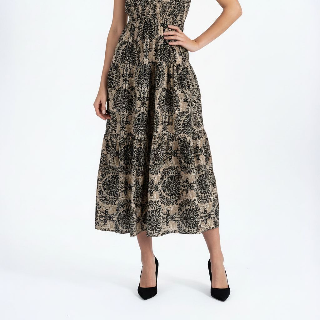 Printed Tiered Maxi Dress - Deep Charcoal