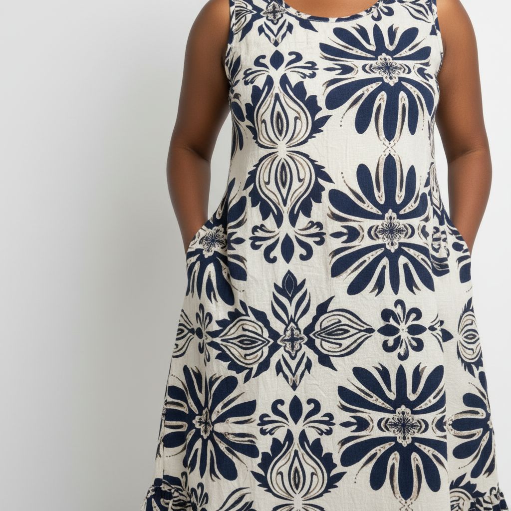Bohemian Sleeveless Linen-Blend Navy/Cream Midi Dress