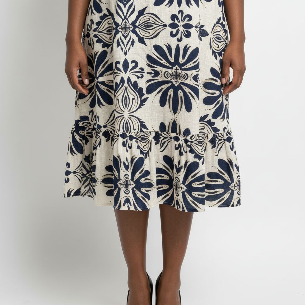 Bohemian Sleeveless Linen-Blend Navy/Cream Midi Dress