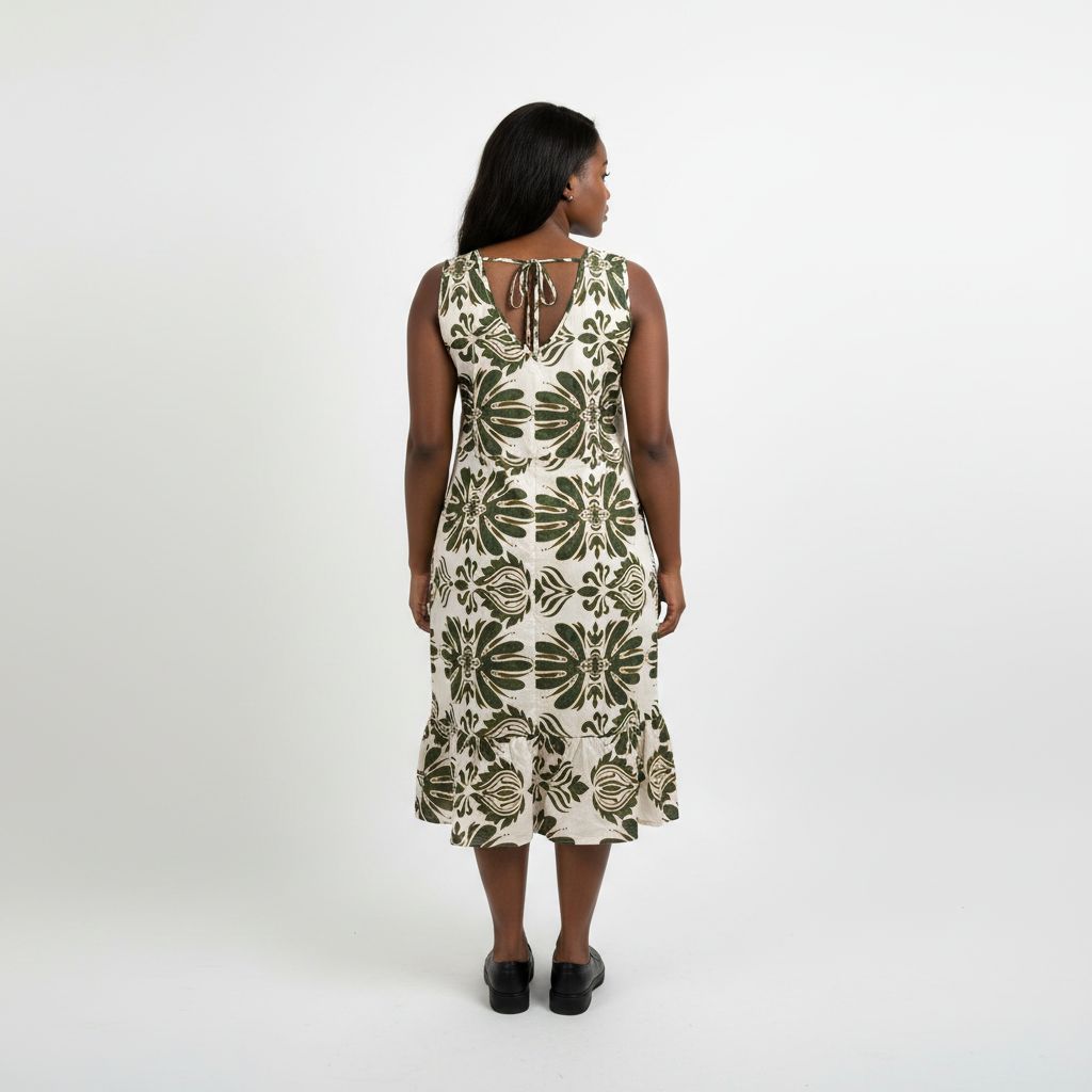 Bohemian Sleeveless Linen-Blend Green/Cream Midi Dress