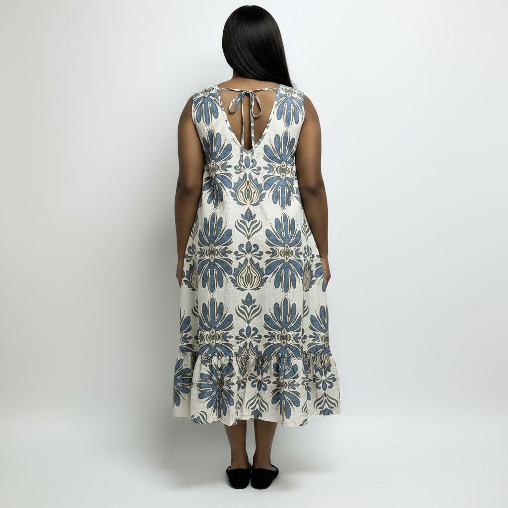 Bohemian Sleeveless Linen-Blend Blue/Cream Midi Dress