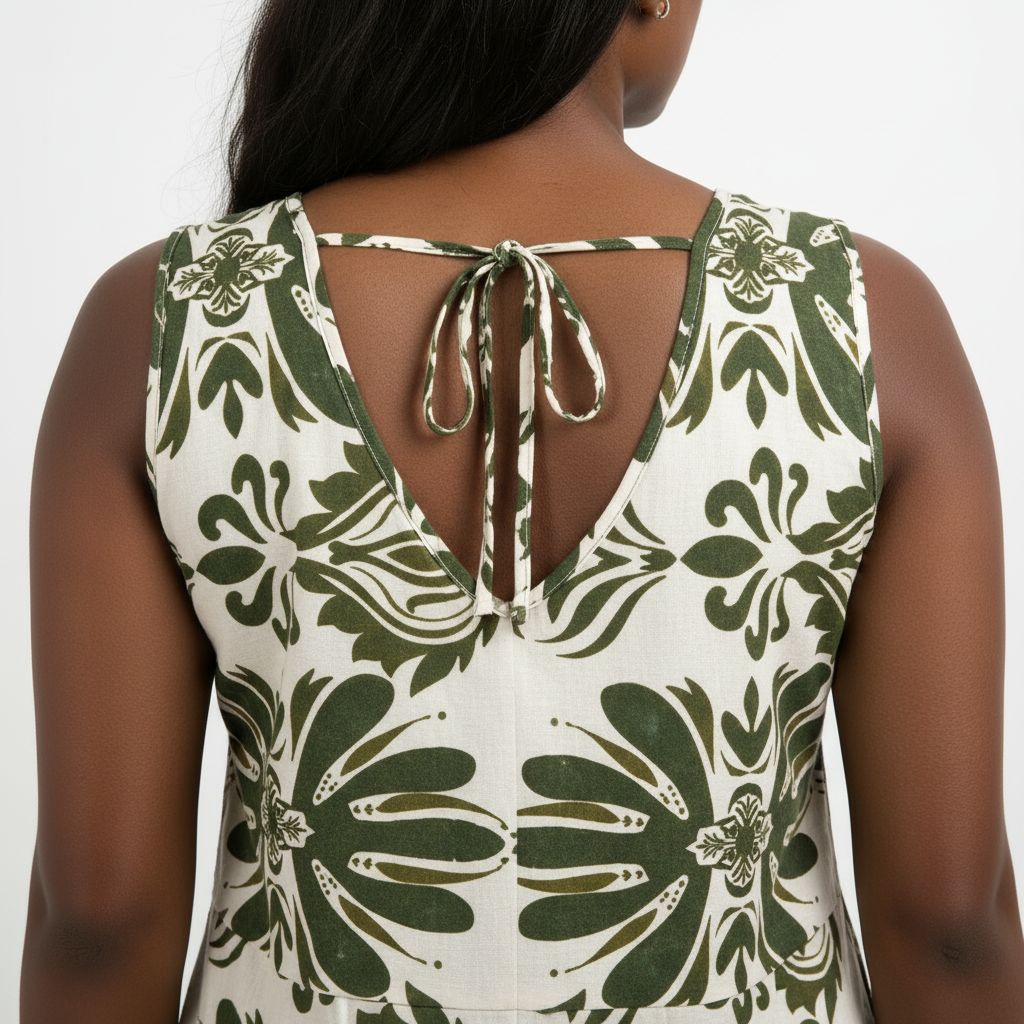 Bohemian Sleeveless Linen-Blend Green/Cream Midi Dress
