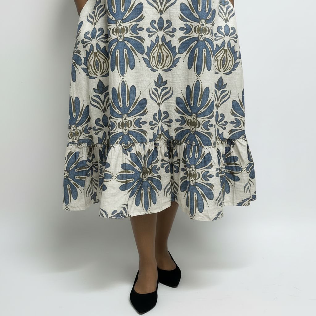 Bohemian Sleeveless Linen-Blend Blue/Cream Midi Dress