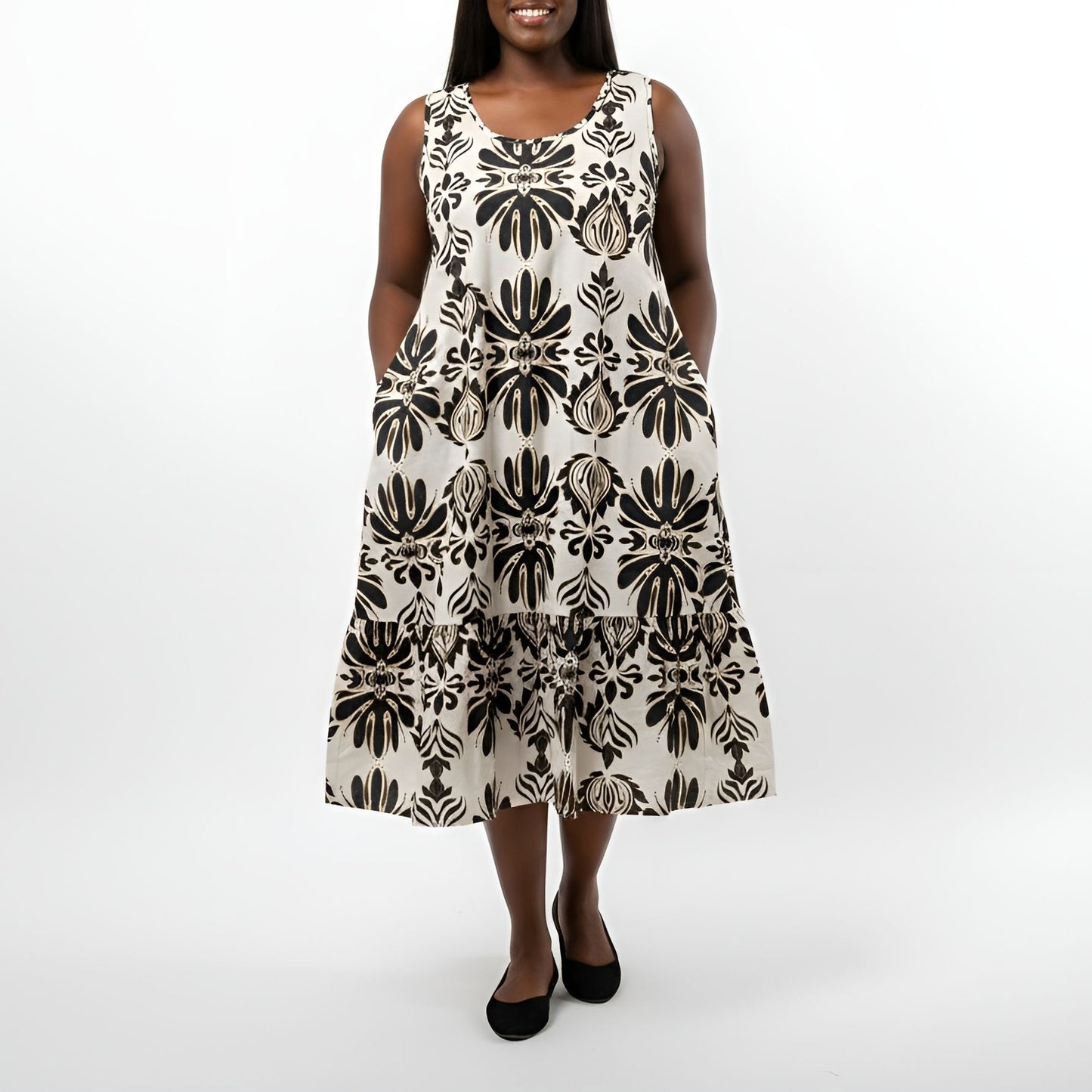 Bohemian Sleeveless Linen-Blend Black/Cream Midi Dress