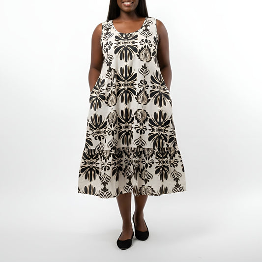 Bohemian Sleeveless Linen-Blend Black/Cream Midi Dress