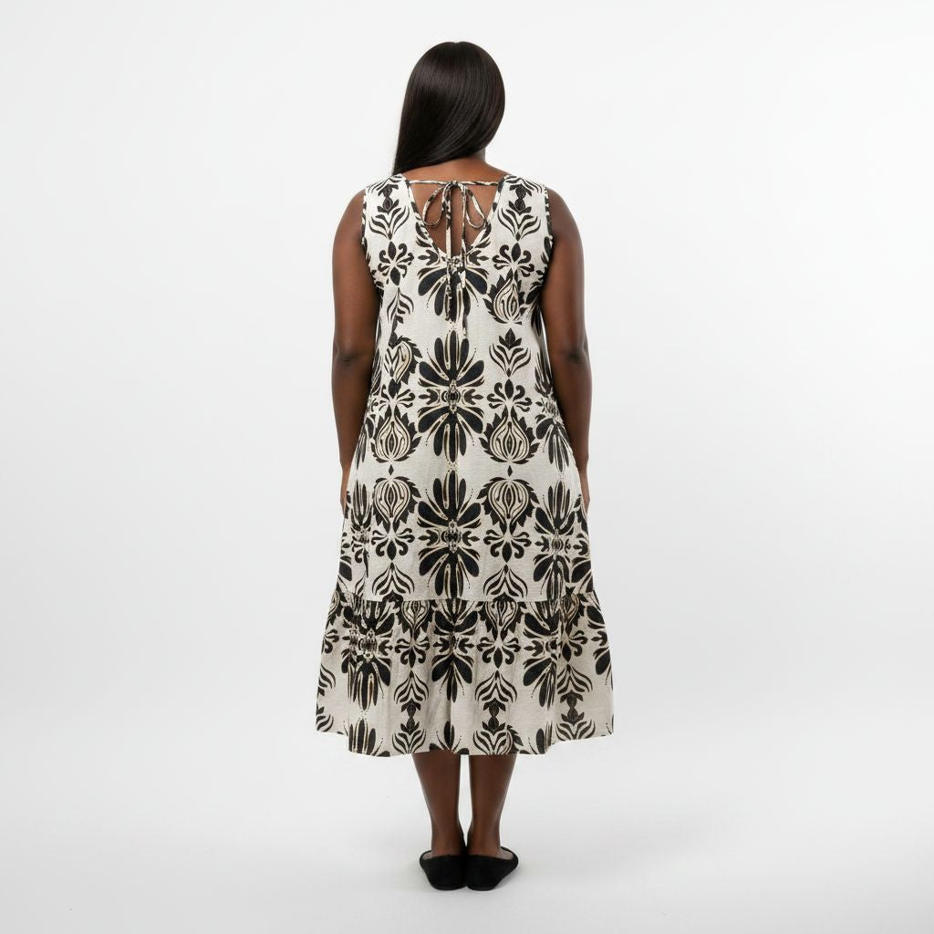 Bohemian Sleeveless Linen-Blend Black/Cream Midi Dress