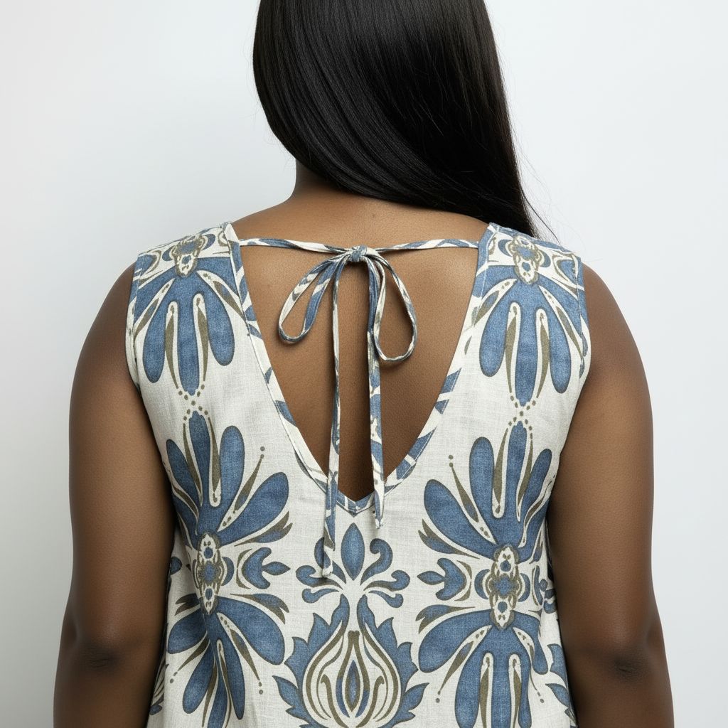Bohemian Sleeveless Linen-Blend Blue/Cream Midi Dress