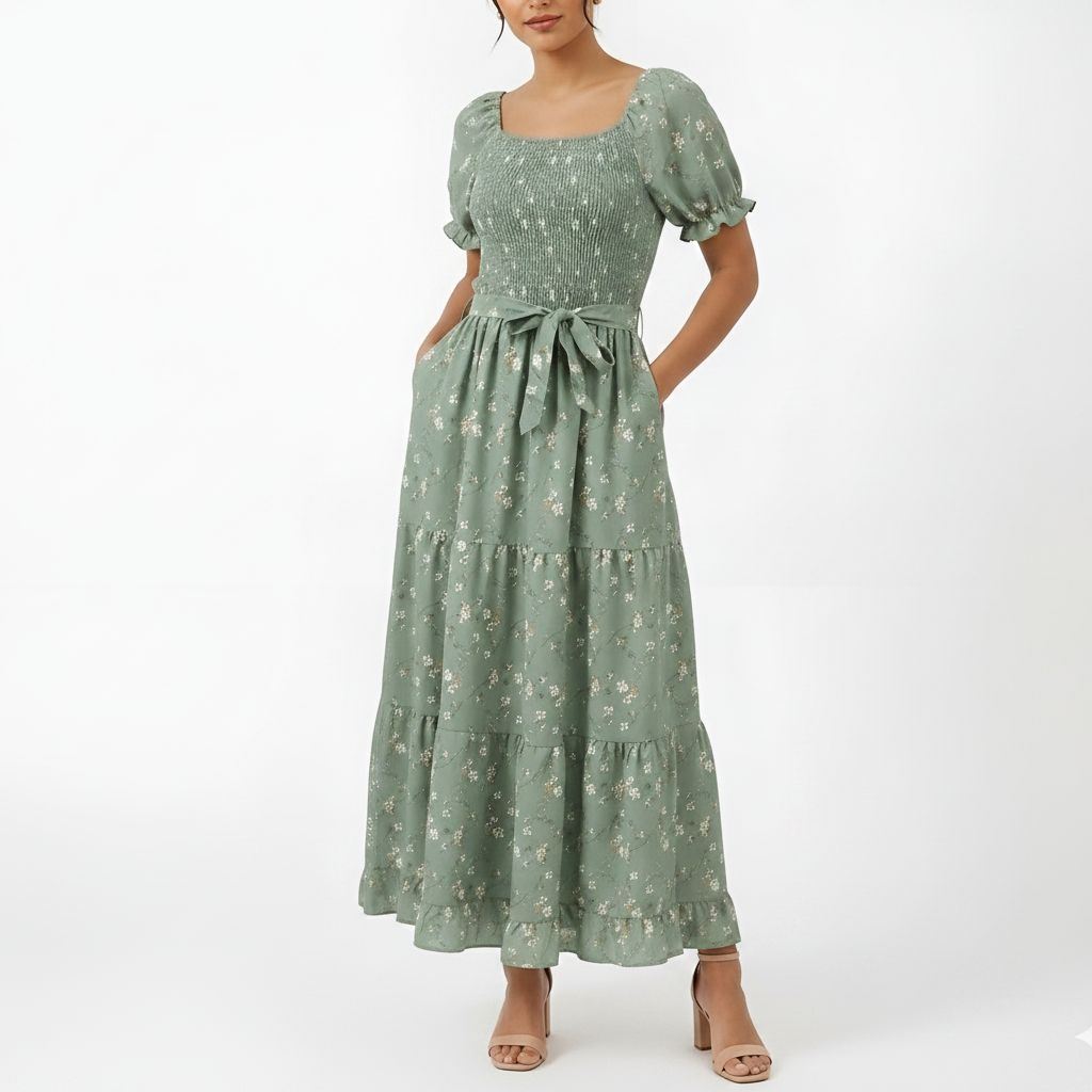 Sage Green Floral Tiered Maxi Dress