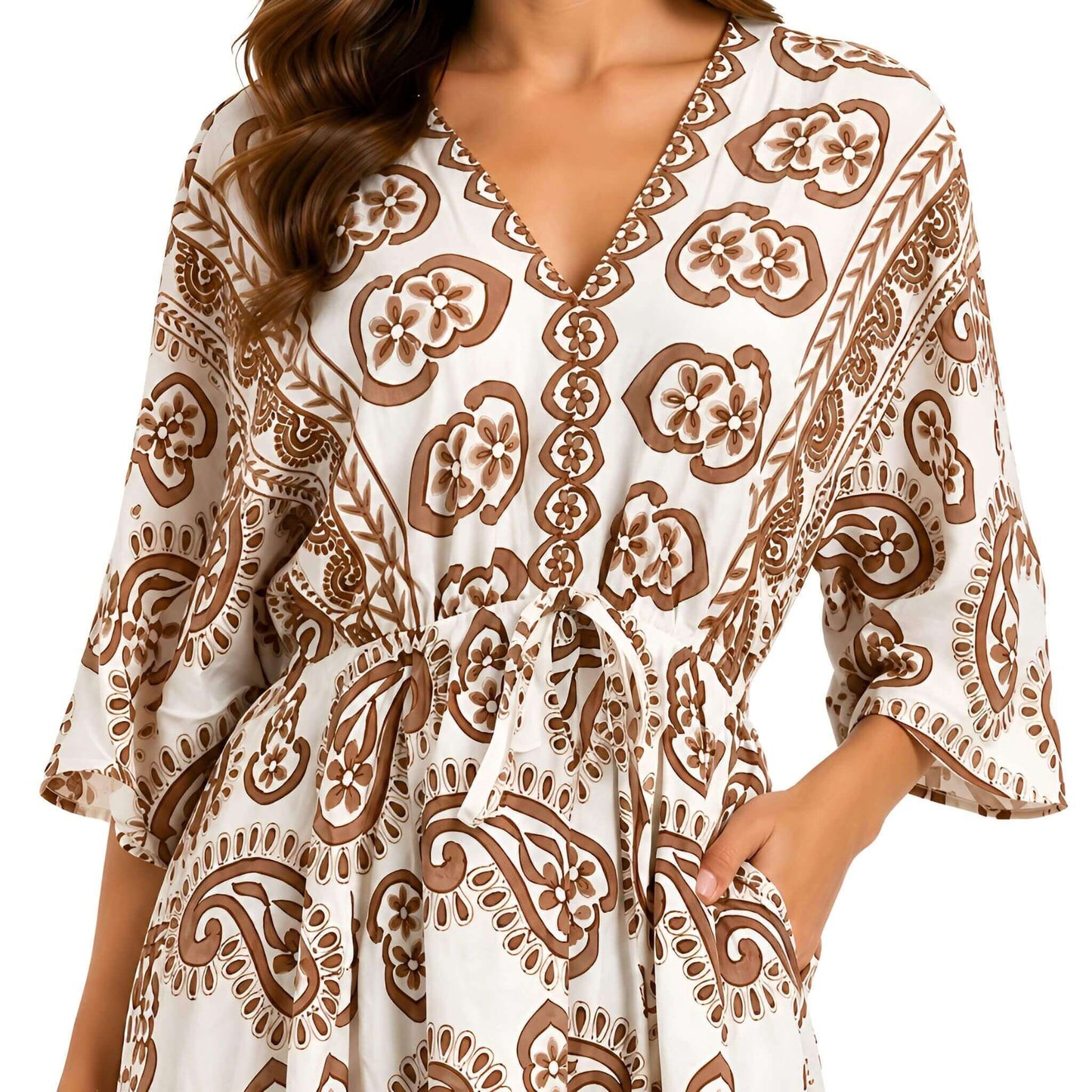Paisley V-Neck Midi Dress - Brown