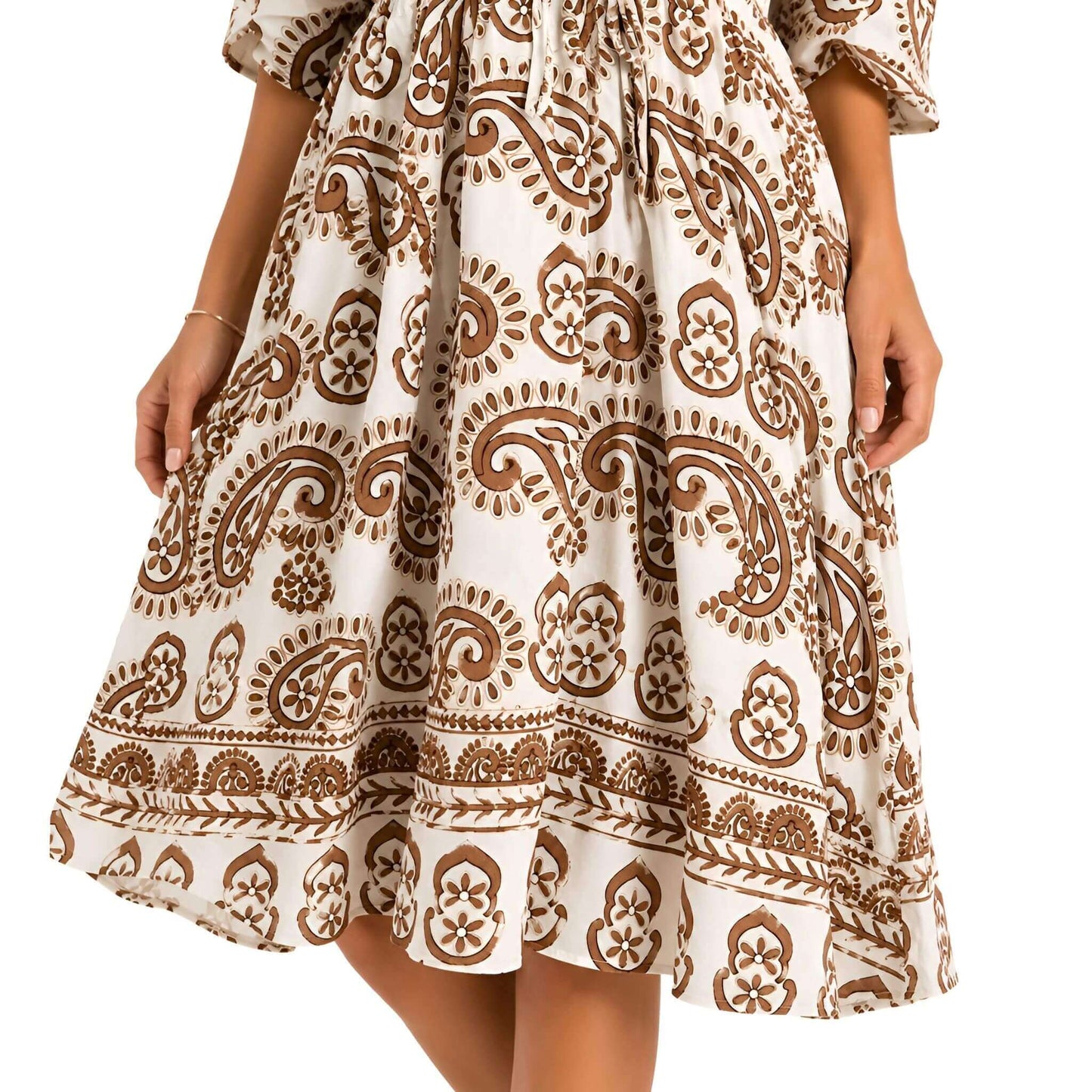 Paisley V-Neck Midi Dress - Brown