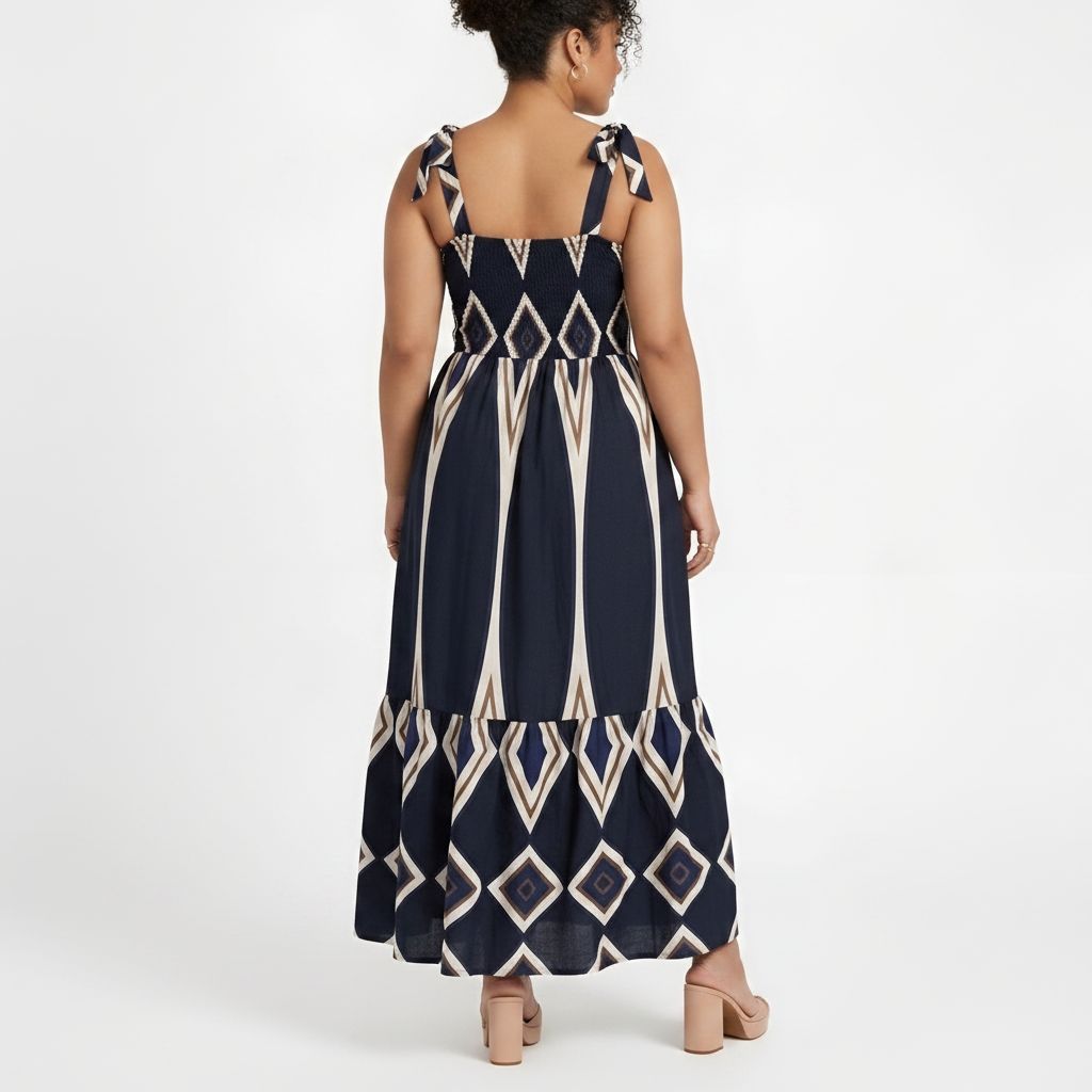 Bohemian Smocked Maxi Dress - Navy/Tan
